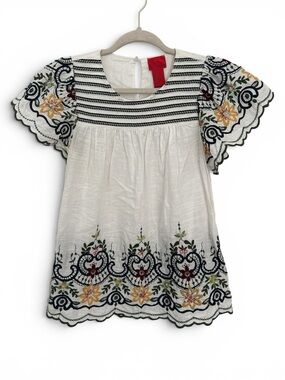 Christina White 100% Cotton Top with Navy and Green Stripe Embroidery-Size Small